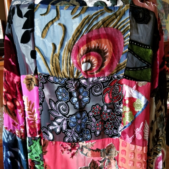 Midi PATCHWORK kimono VELVET SILK BLEND bead fringe COAT s/m - Picture 3 of 12